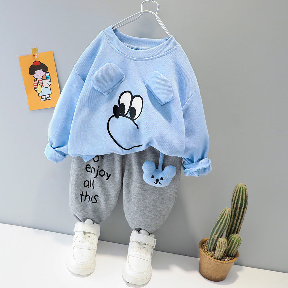 Ice Blue Mouse Printed Sweatshirt with Grey Printed Trouser For Kids