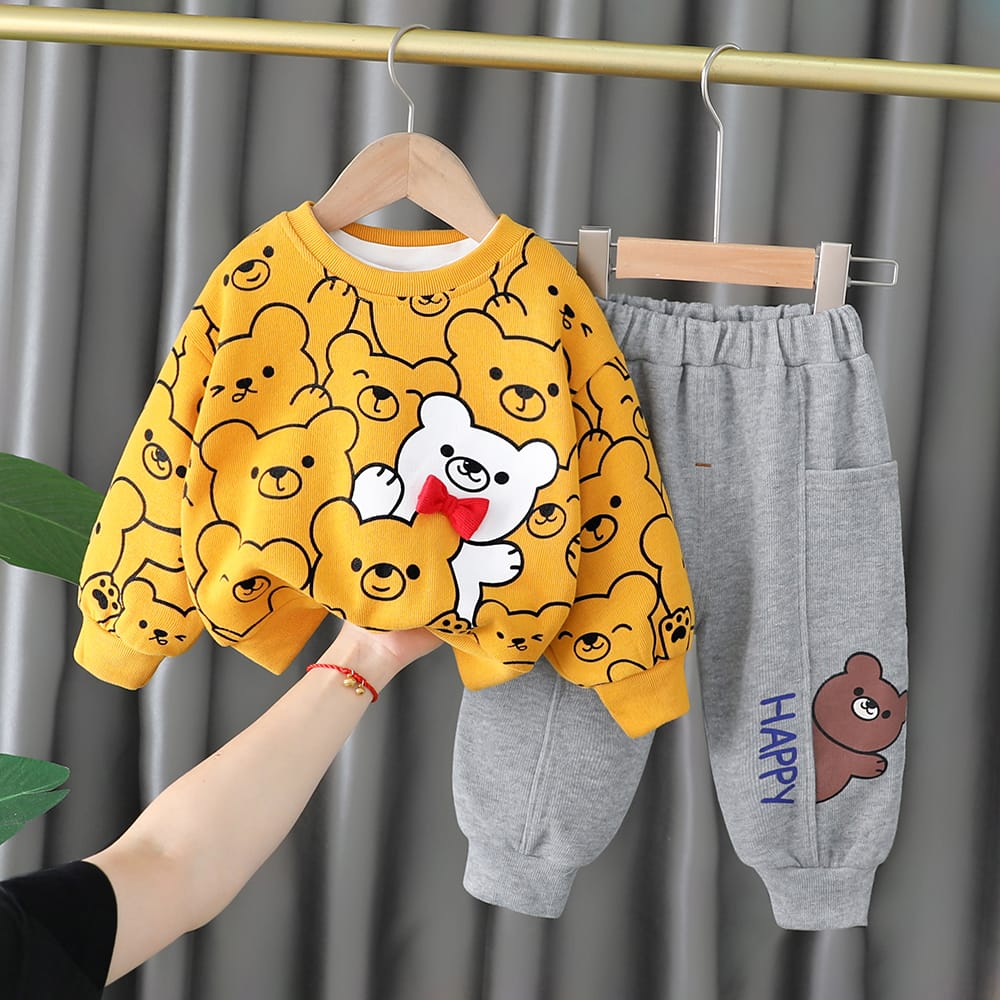 Yellow Bears with White Bear Printed SweatShirt with Grey Printed Trouser For Kids