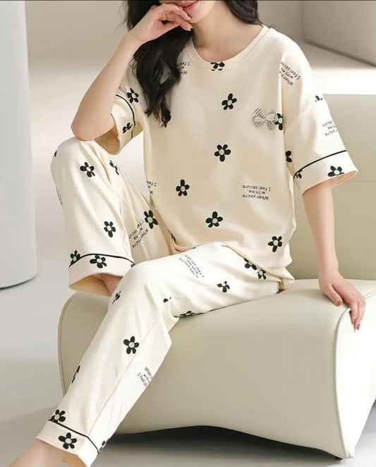 Off White Black All Over Flowers PJ Set For Her