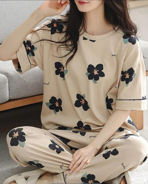 Brown All Over Black BIG Flowers Printed PJ Set For Her