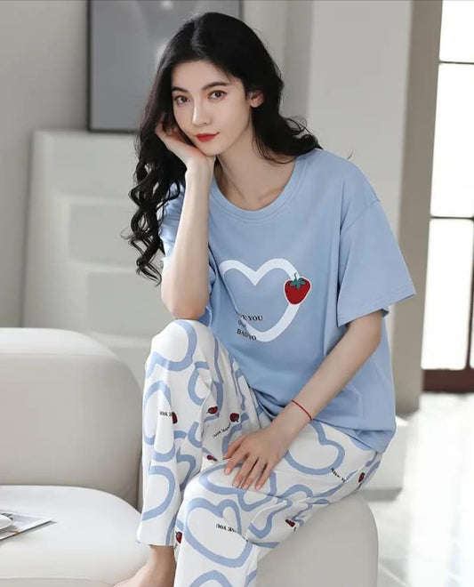 Sky Blue Strawberry Heart Printed PJ Set For Her