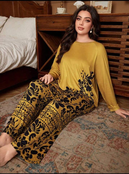Mustard Yellow with Black Floral with Black Floral Pajama Printed PJ Set For Her