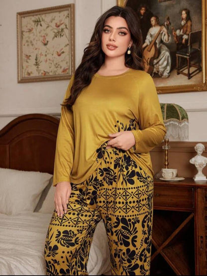 Mustard Yellow with Black Floral with Black Floral Pajama Printed PJ Set For Her