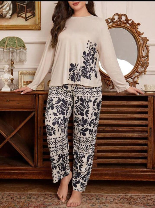 Off White with Black Floral with Black Floral Pajama Printed PJ Set For Her
