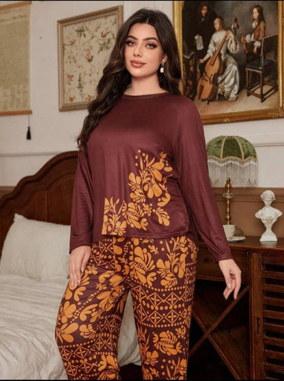 Maroon with Golden Floral with Golden Floral Pajama Printed PJ Set For Her