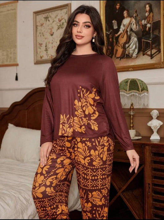 Maroon with Golden Floral with Golden Floral Pajama Printed PJ Set For Her
