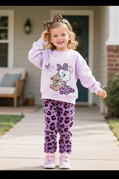 Lilac Lovely Girl Bow Printed Sweatshirt with Cheetah Printed Trouser For Kids