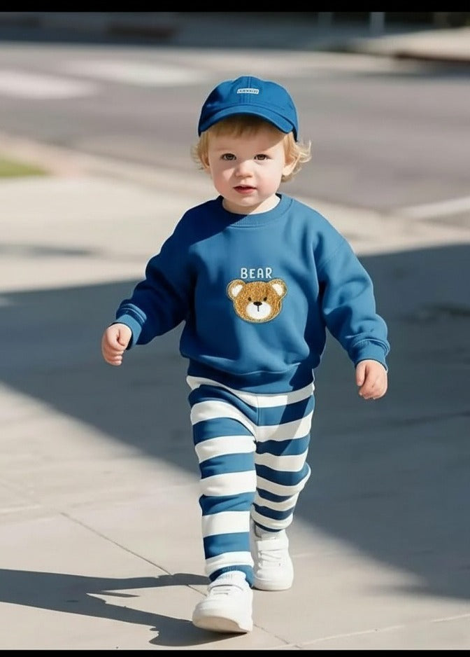 Blue Bear Printed Sweatshirt with Stripe Printed Trouser For Kids