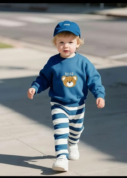 Blue Bear Printed Sweatshirt with Stripe Printed Trouser For Kids