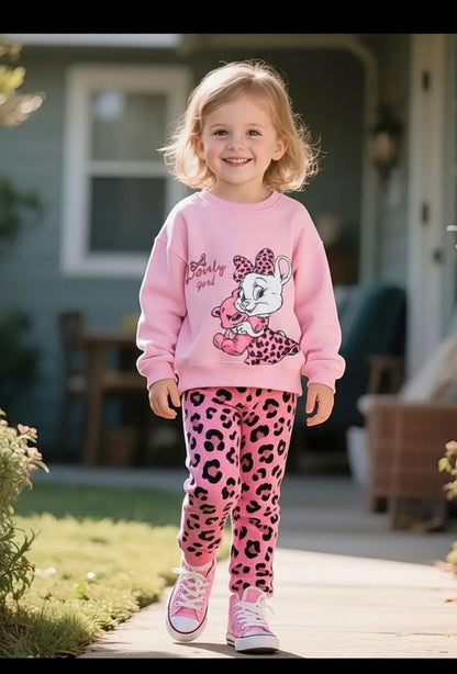 Pink Lovely Girl Bow Printed Sweatshirt with Cheetah Printed Trouser For Kids