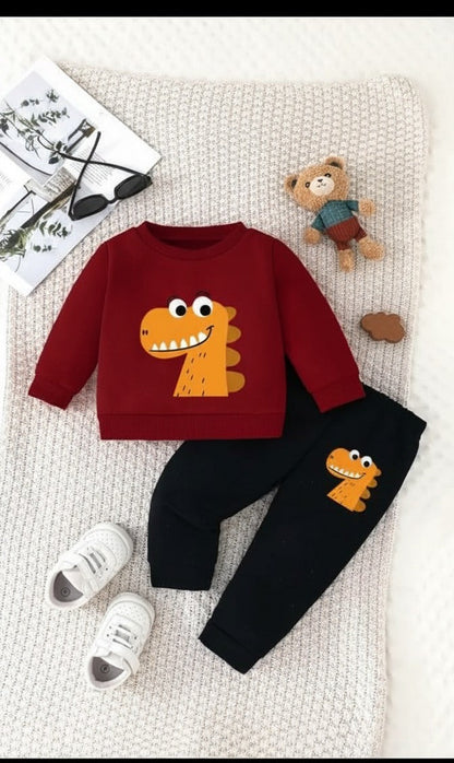 Maroon Orange Dino Printed Sweatshirt with Printed Trouser For Kids