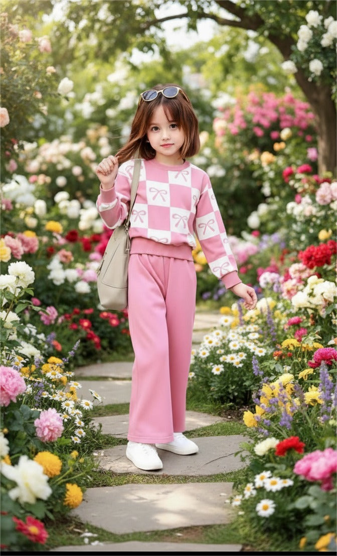 Baby Pink Cheq Bow Printed Sweatshirt with Pink Trouser For Kids
