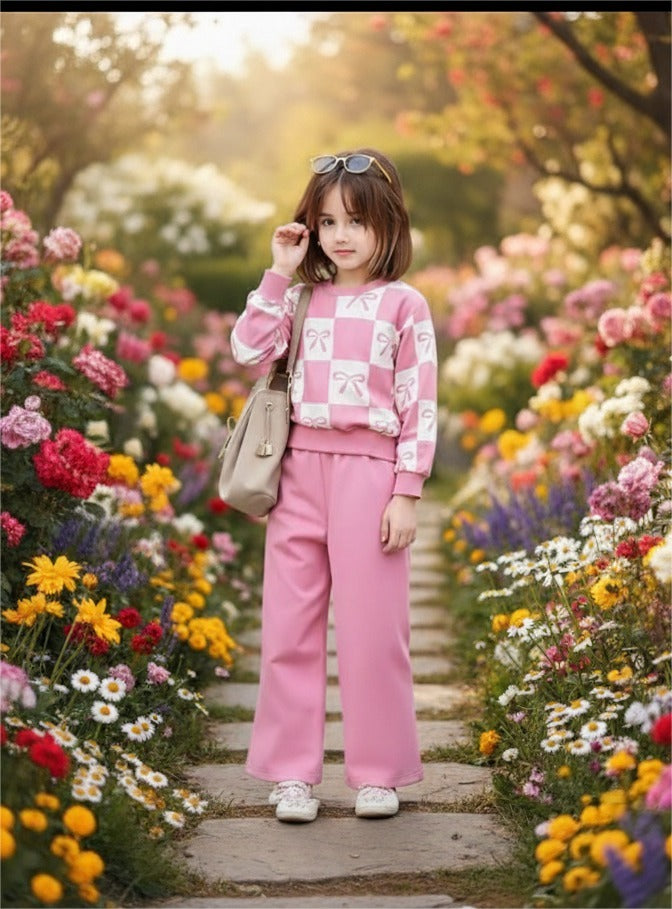 Baby Pink Cheq Bow Printed Sweatshirt with Pink Trouser For Kids