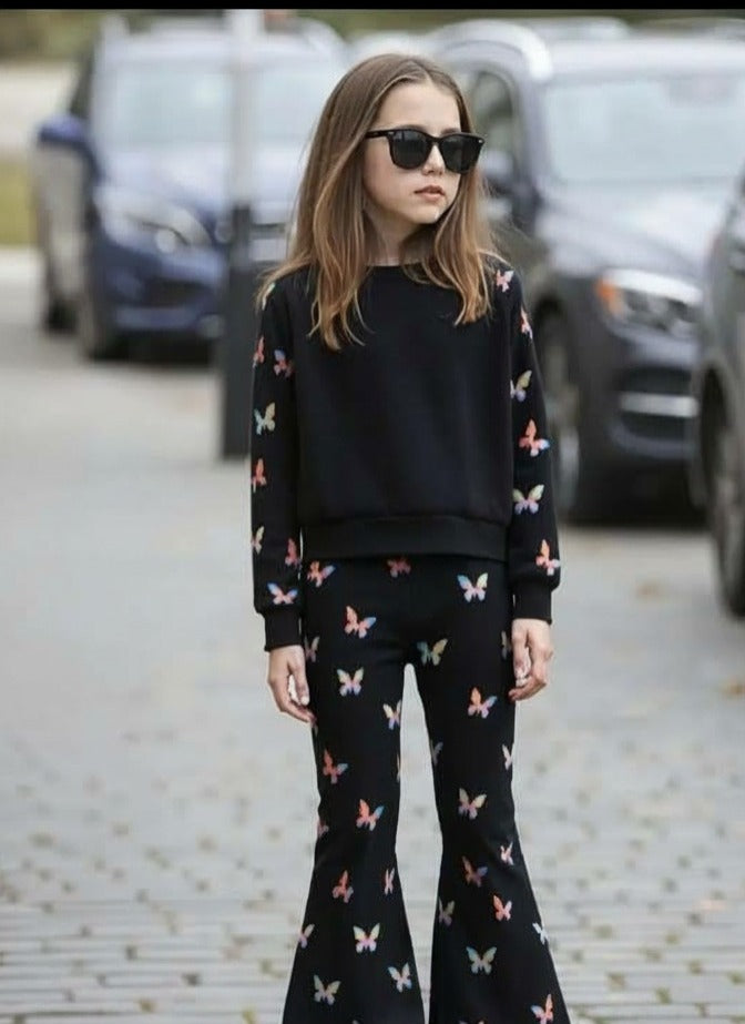 Black All Over Butterflies Printed Sweatshirt with Butterflies Printed Trouser For Kids