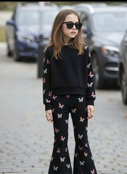 Black All Over Butterflies Printed Sweatshirt with Butterflies Printed Trouser For Kids