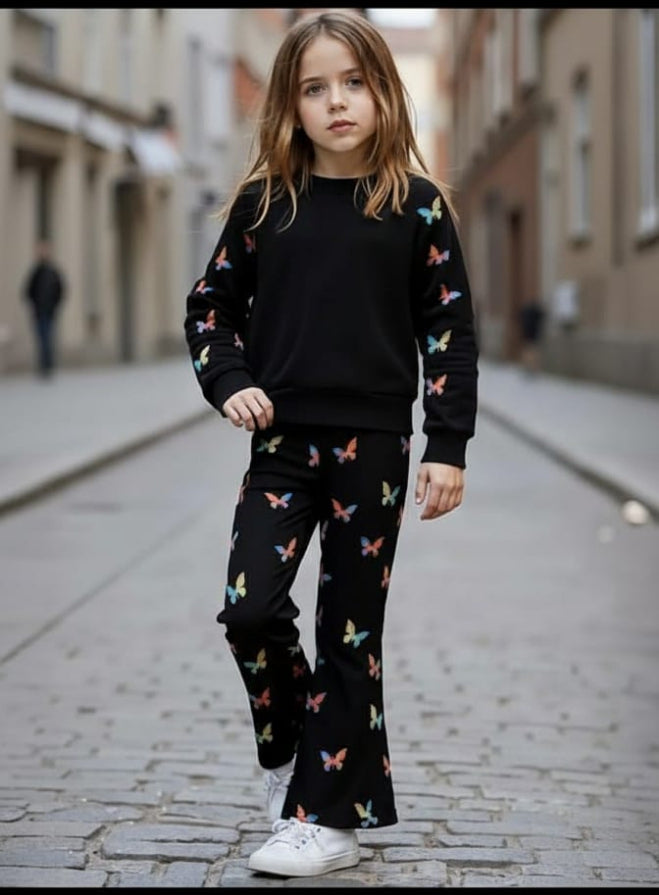 Black All Over Butterflies Printed Sweatshirt with Butterflies Printed Trouser For Kids
