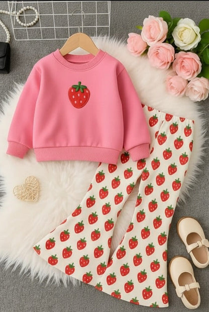 Pink Strawberry Printed Sweatshirt with All Over Strawberry Printed Trouser For Kids