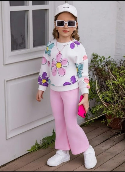 Off White Multi Flowers Printed Sweatshirt with Pink Trouser For Kids