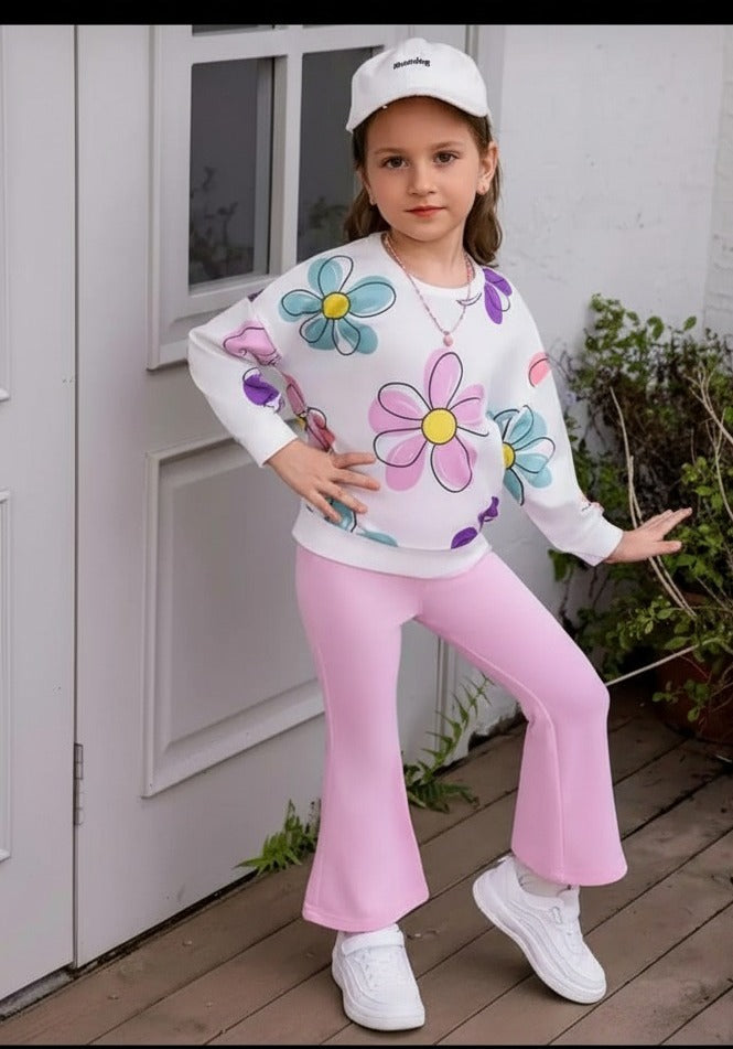 Off White Multi Flowers Printed Sweatshirt with Pink Trouser For Kids