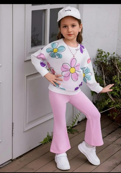 Off White Multi Flowers Printed Sweatshirt with Pink Trouser For Kids