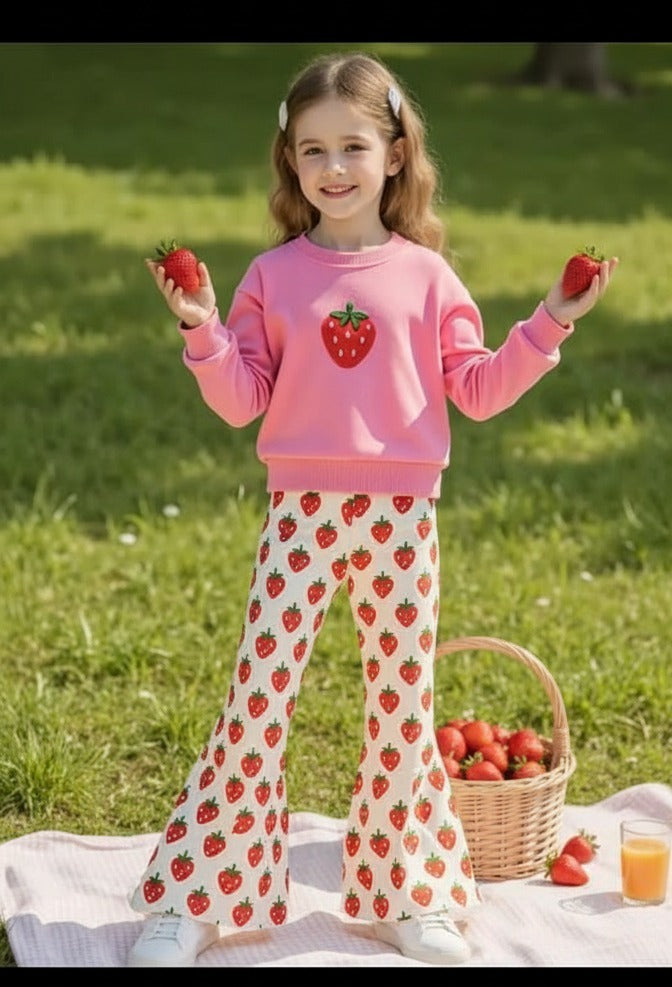 Pink Strawberry Printed Sweatshirt with All Over Strawberry Printed Trouser For Kids
