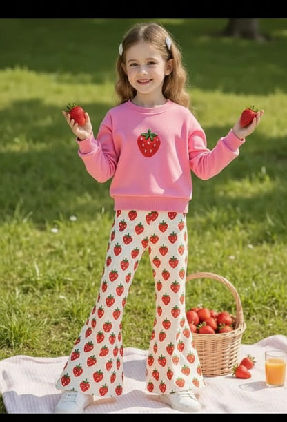 Pink Strawberry Printed Sweatshirt with All Over Strawberry Printed Trouser For Kids
