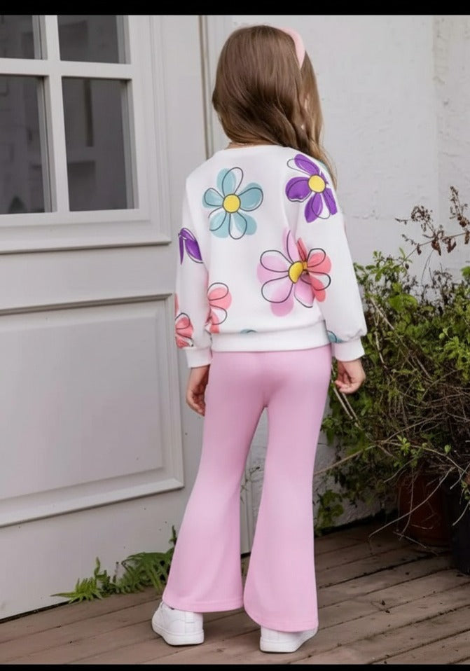 Off White Multi Flowers Printed Sweatshirt with Pink Trouser For Kids