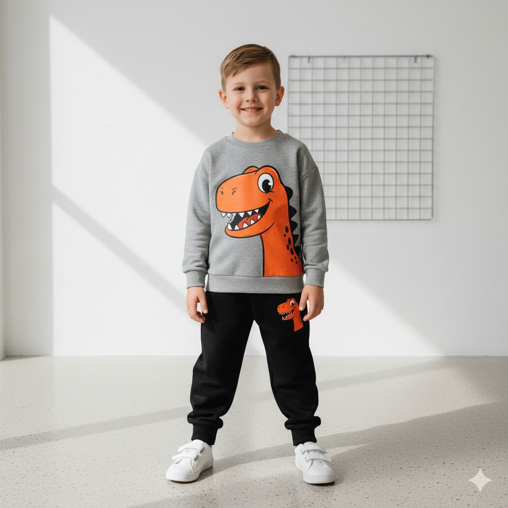 Grey with Orange Big Dino Printed Sweatshirt with Black Trouser For Kids