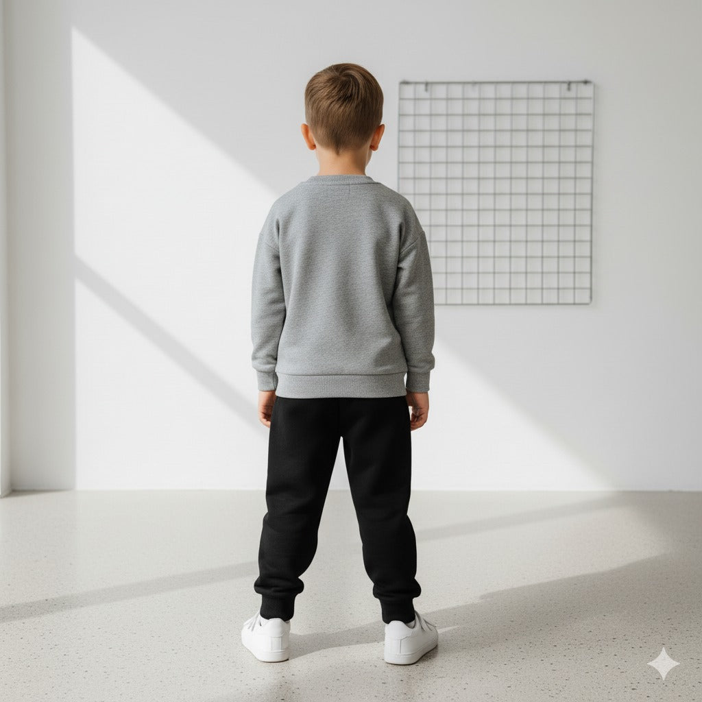 Grey with Orange Big Dino Printed Sweatshirt with Black Trouser For Kids