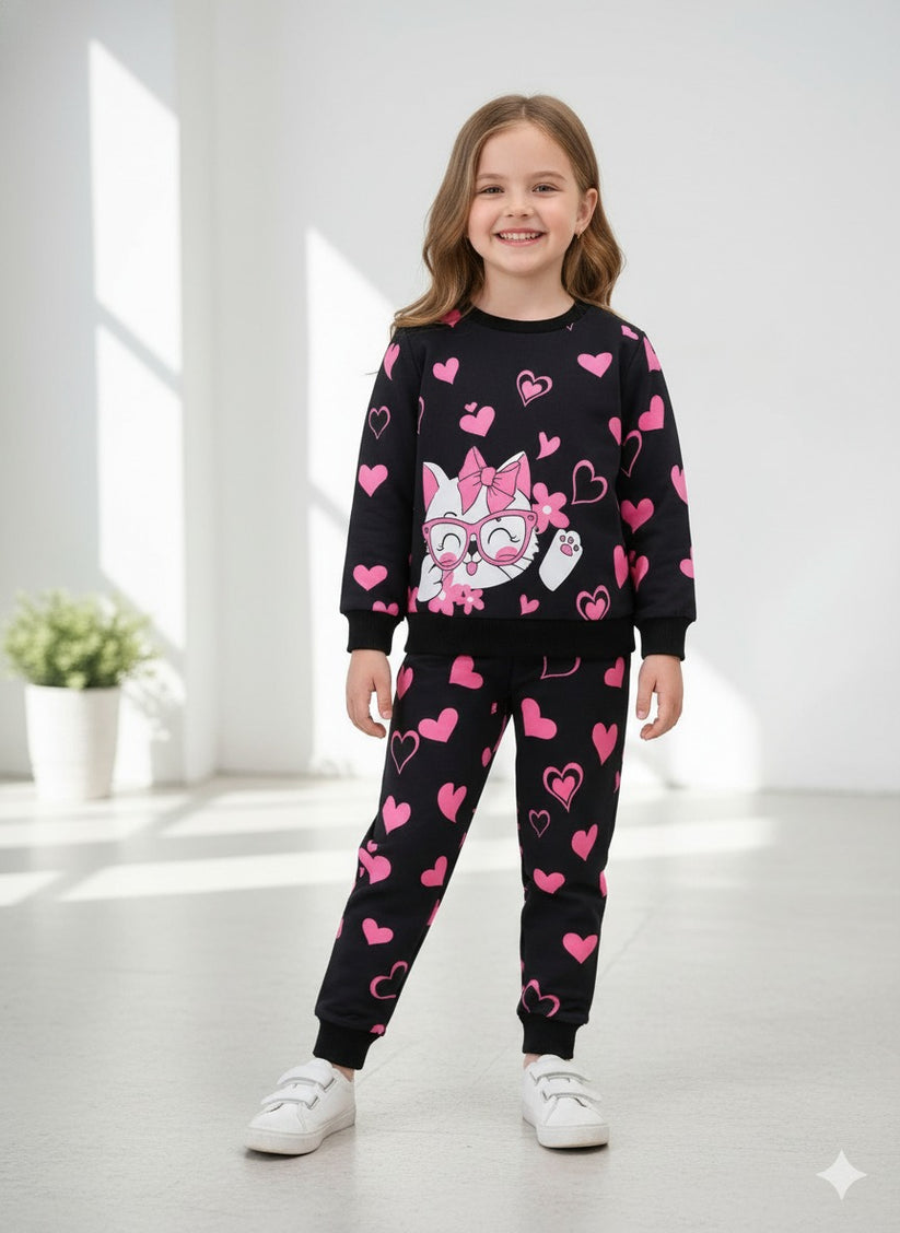 Black Kitty with All Over Hearts Printed Sweatshirt with Printed Trouser For Kids