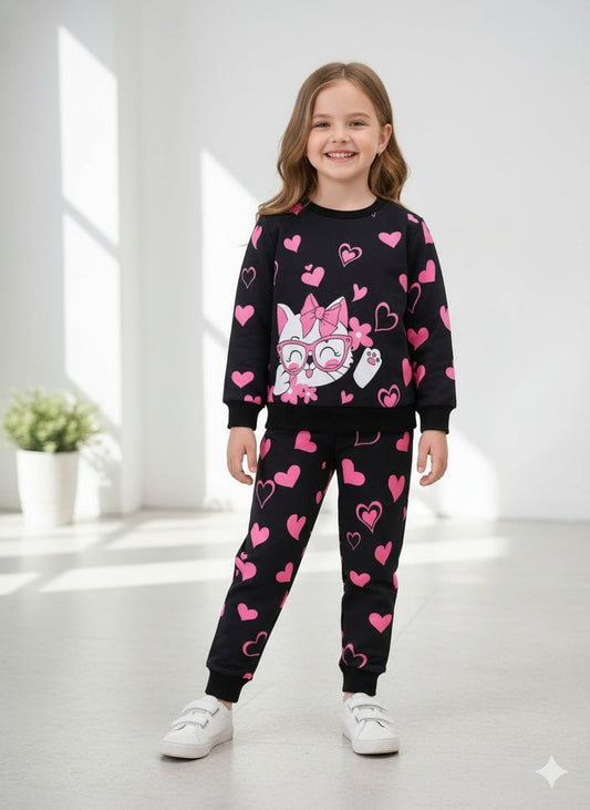 Black Kitty with All Over Hearts Printed Sweatshirt with Printed Trouser For Kids