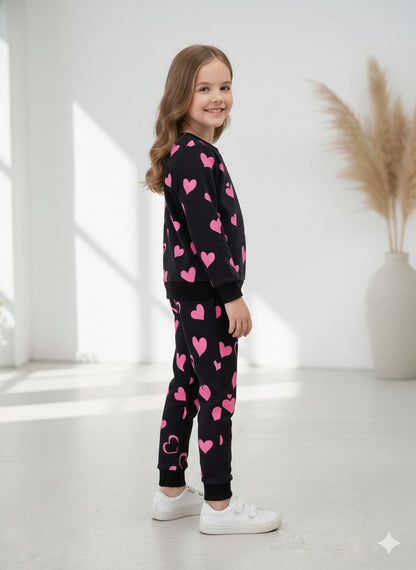 Black Kitty with All Over Hearts Printed Sweatshirt with Printed Trouser For Kids