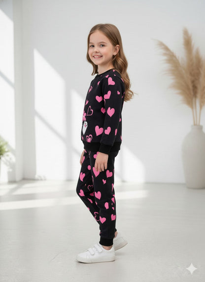 Black Kitty with All Over Hearts Printed Sweatshirt with Printed Trouser For Kids