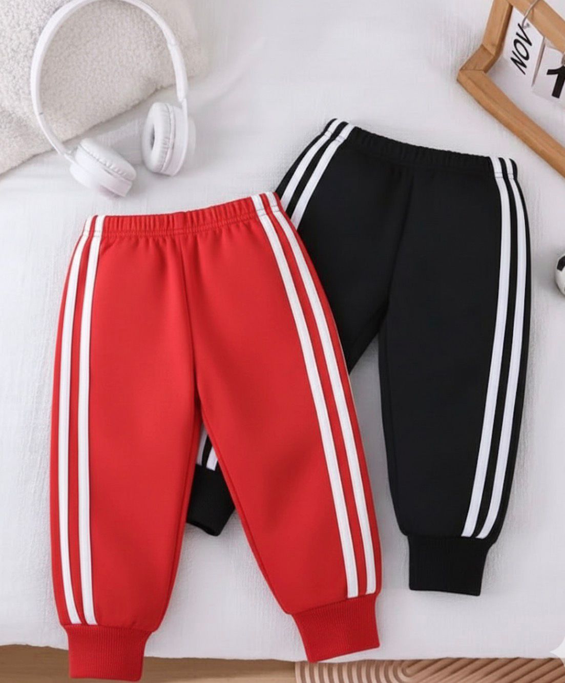 Kids White Stripes Fleece Trousers – Pack of 2 (Red/Black)