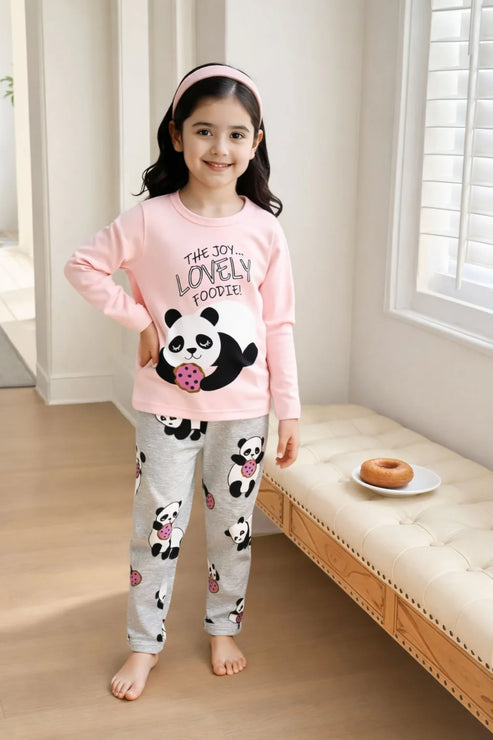 Baby Pink Lovely Panda Printed Full Sleeves Kids Suit