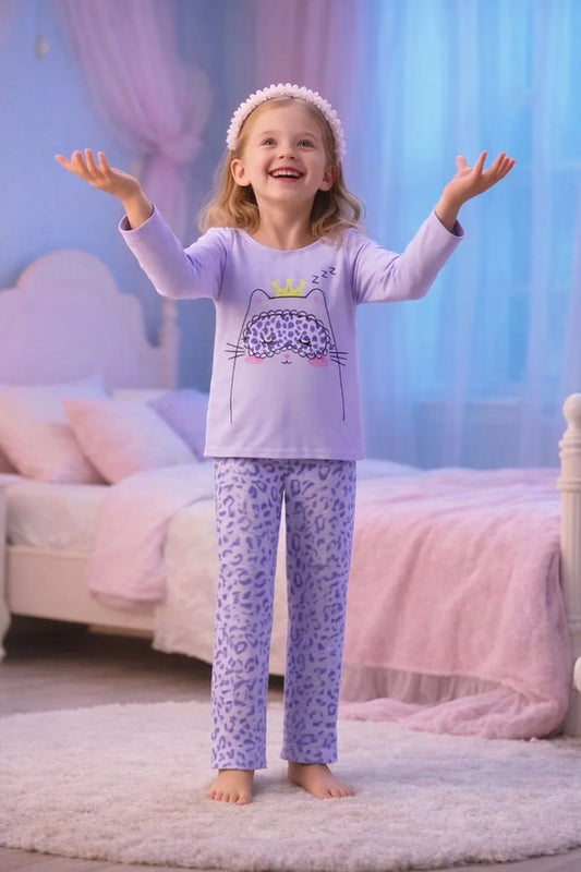 Lilac Sleeping Cat Printed with Cheetah Printed Full Sleeves Kids Suit