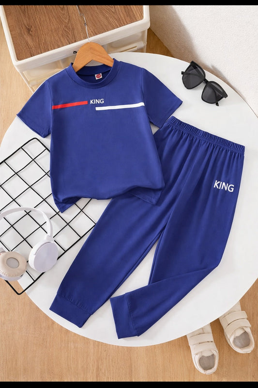 Navy Blue King Printed Half Sleeves Kids Suit