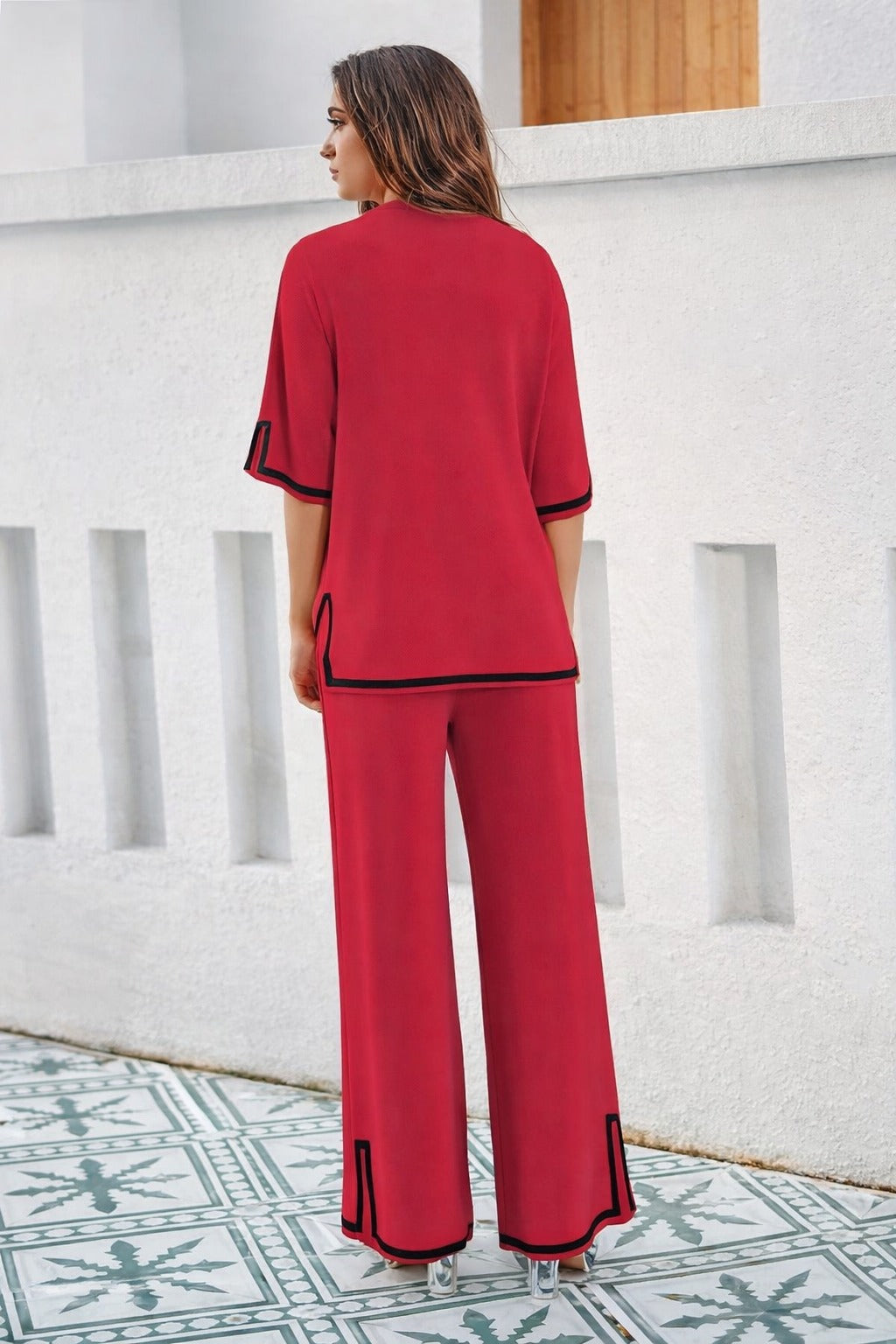 Red Quater Sleeves with Black Pipin Loungewear For Her