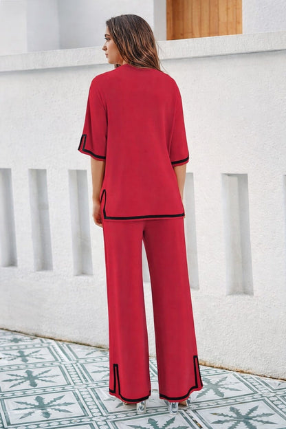 Red Quater Sleeves with Black Pipin Loungewear For Her