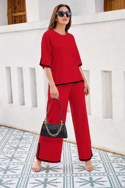 Red Quater Sleeves with Black Pipin Loungewear For Her