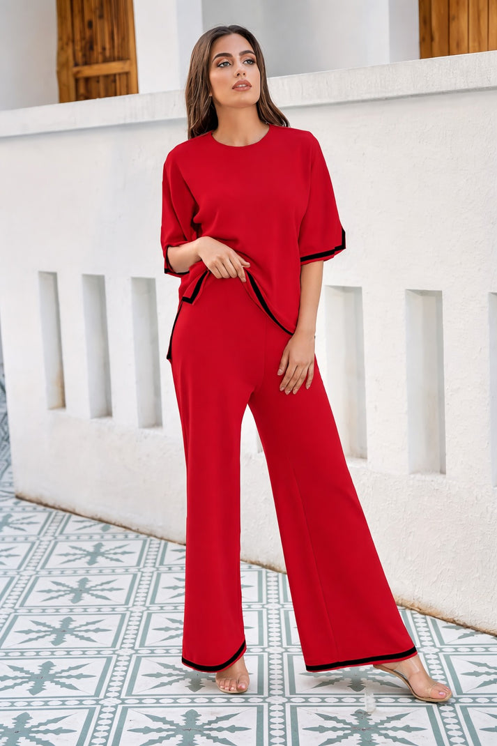 Red Quater Sleeves with Black Pipin Loungewear For Her