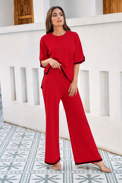 Red Quater Sleeves with Black Pipin Loungewear For Her