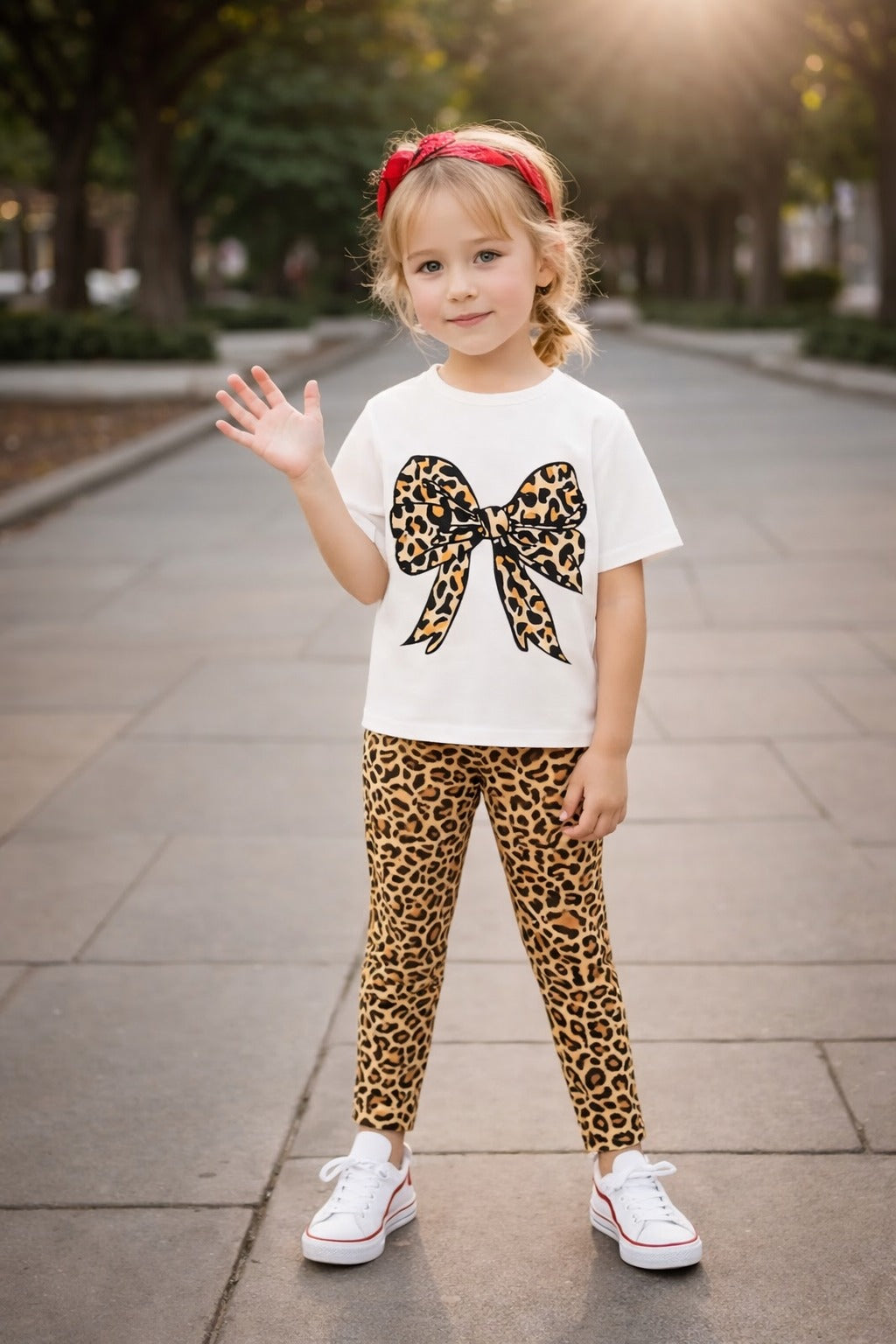 Off White Cheetah Bow Printed Half Sleeves Kids Suit