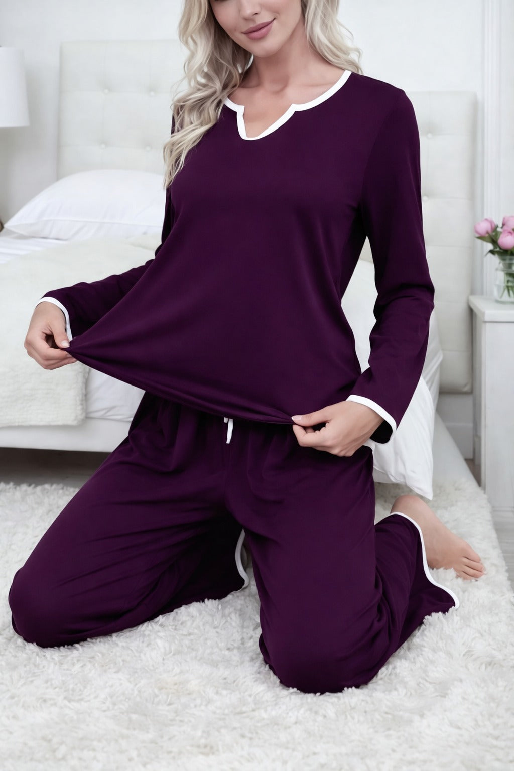Dark Puple V-Neck with White Pipin Loungewear For Her