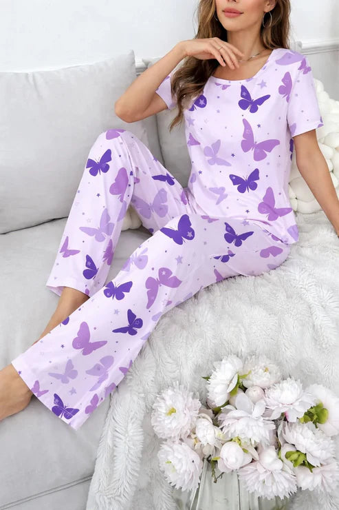 Lilac All Over Butterflies Printed Half Sleeves PJ Set For Her