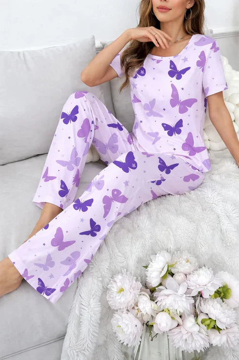 Lilac All Over Butterflies Printed Half Sleeves PJ Set For Her