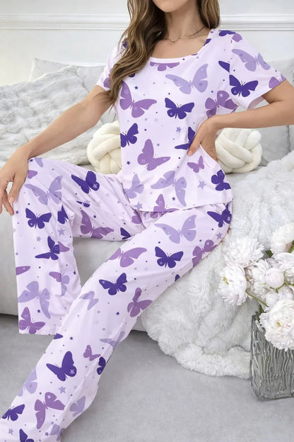 Lilac All Over Butterflies Printed Half Sleeves PJ Set For Her