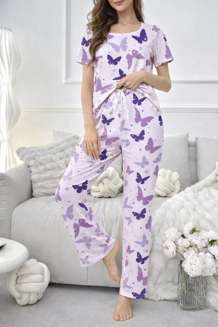 Lilac All Over Butterflies Printed Half Sleeves PJ Set For Her