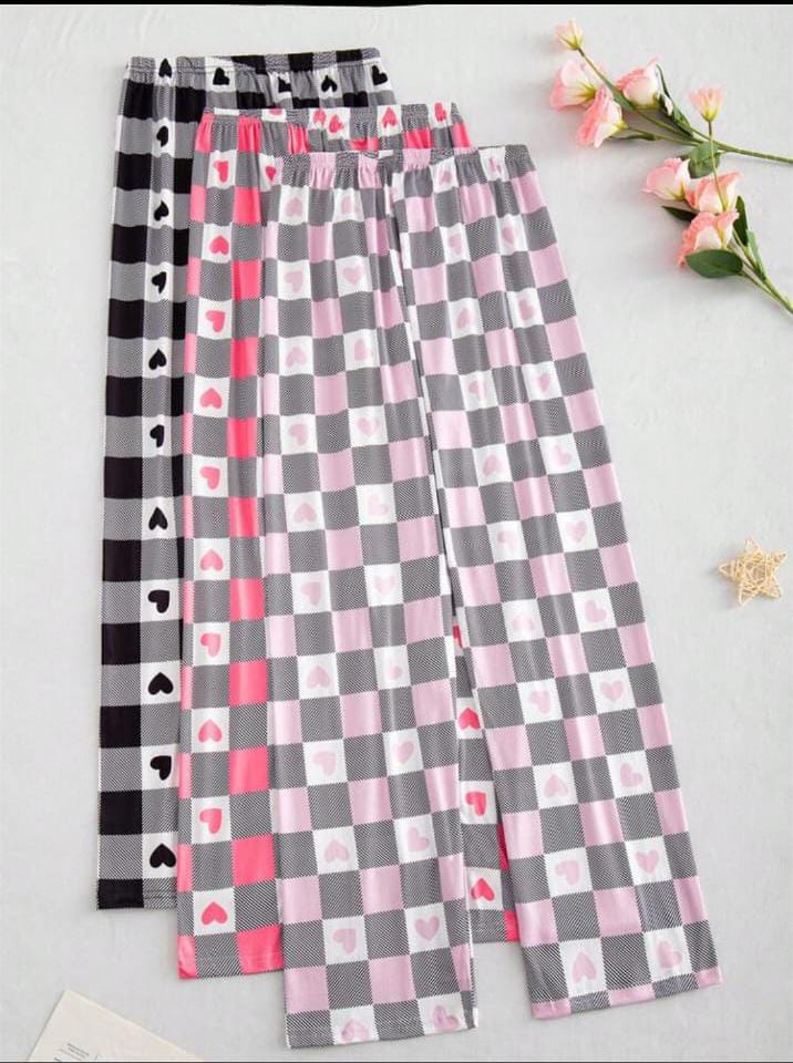 Pack of 3 Cheq Hearts Printed Palazzo Pajamas For Her