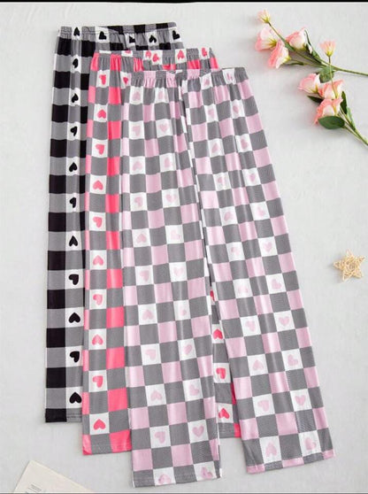Pack of 3 Cheq Hearts Printed Palazzo Pajamas For Her